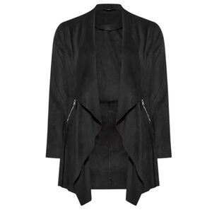 Zara Black Faux Suede Draped Waterfall Blazer Moto Jacket Open Front Size XS